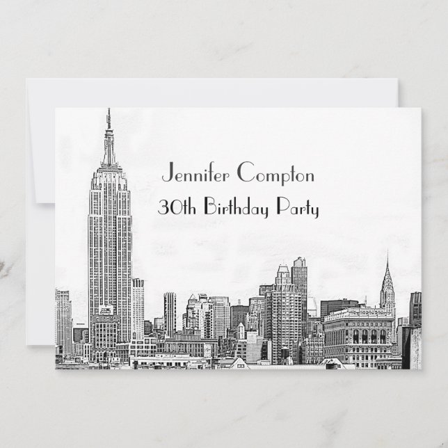 Invitación Fiesta de cumpleaños NYC Skyline 01 Grabado Wht (Anverso)
