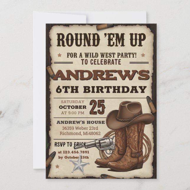Invitación Fiesta de cumpleaños occidental con sombrero de va (Anverso)