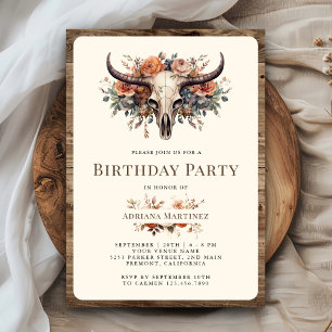 Invitación Fiesta de cumpleaños occidental cráneo de vaca flo
