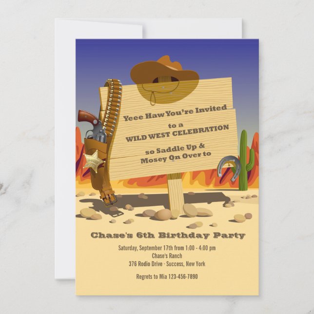 Invitación Fiesta de cumpleaños occidental de la pistolera (Anverso)