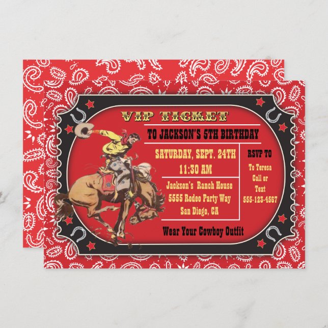 Invitación fiesta de cumpleaños occidental de rodeo de vaquer (Anverso / Reverso)