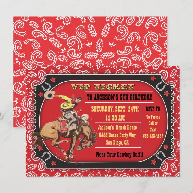Invitación fiesta de cumpleaños occidental rodeo vaquero (Anverso / Reverso)