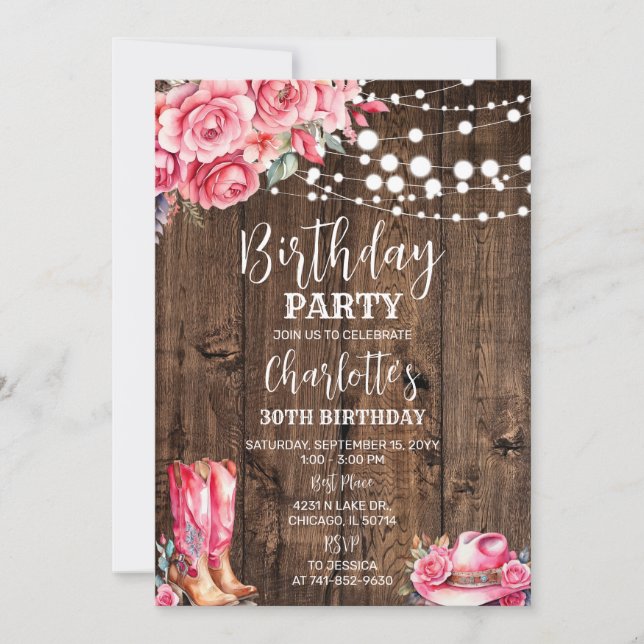 Invitación Fiesta de cumpleaños occidental rústica rosa (Anverso)