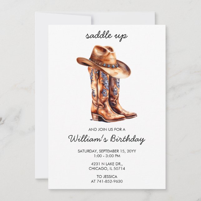 Invitación Fiesta de cumpleaños occidental rústica Saddle Up  (Anverso)
