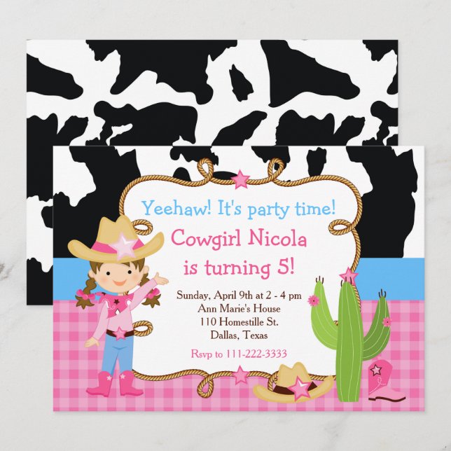 Invitación Fiesta de cumpleaños occidental vaquera morena (Anverso / Reverso)