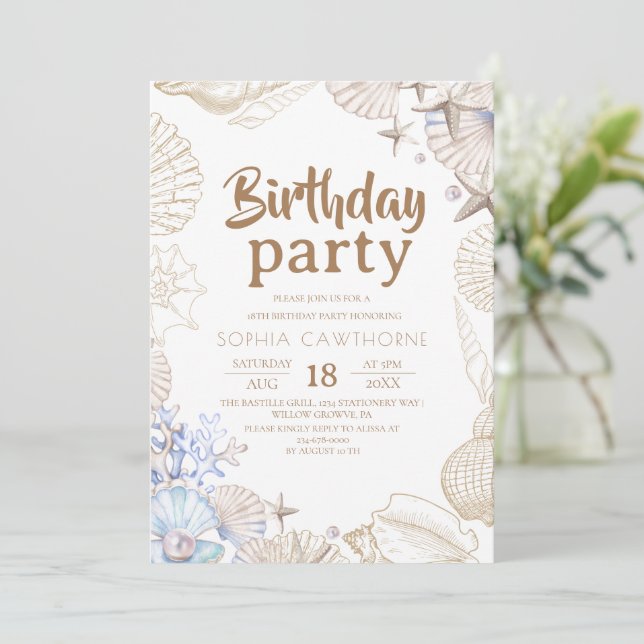 Invitación Fiesta de Cumpleaños Océano de Conchas Elegantes (Anverso de pie)