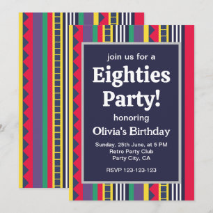 Invitación Fiesta de Cumpleaños Ochenteras Coloridas Rayas 80