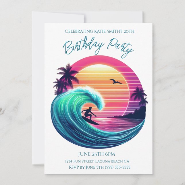 Invitación Fiesta de Cumpleaños - Ola al atardecer (Anverso)