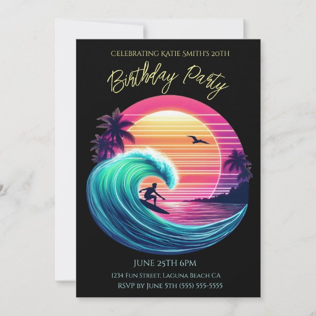 Invitación Fiesta de Cumpleaños - Ola al atardecer (Anverso)