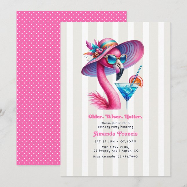 Invitación Fiesta de Cumpleaños Older Wiser Hotter Hot Pink M (Anverso / Reverso)