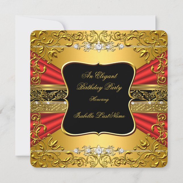 Invitación Fiesta de Cumpleaños Ornamentada de Rojo Negro y D (Anverso)