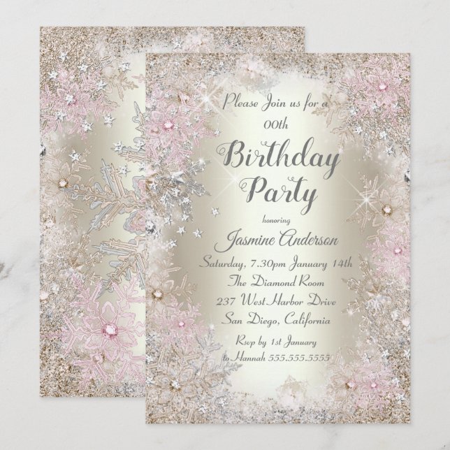 Invitación Fiesta de cumpleaños Oro Beige Invierno Rosa Marav (Anverso / Reverso)