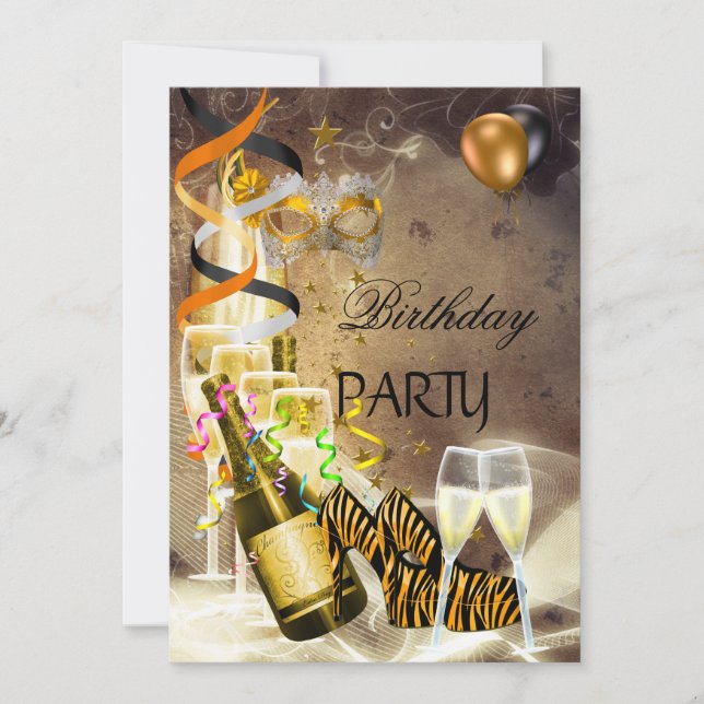 Invitación Fiesta de cumpleaños Oro Champagne máscara de zapa (Anverso)