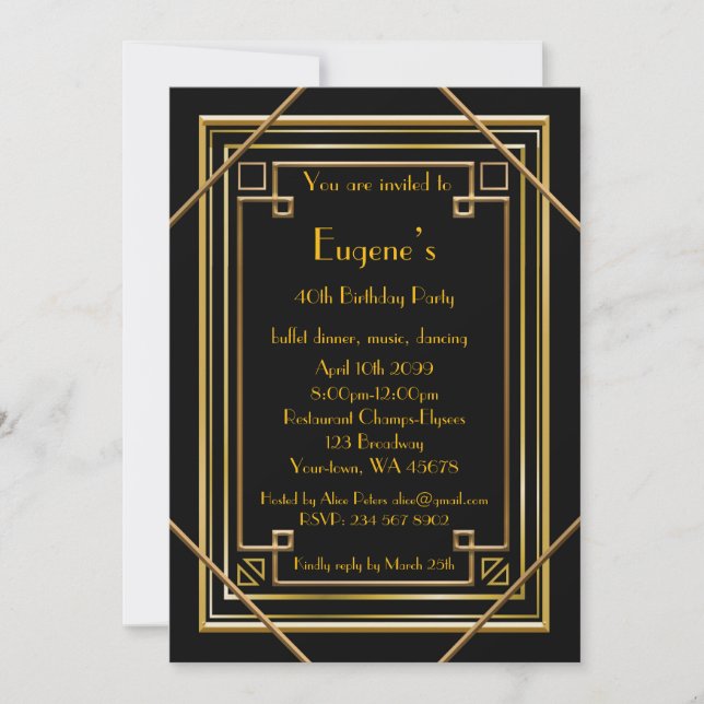 Invitación Fiesta de cumpleaños, oro estilo Gatsby, negro (Anverso)