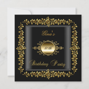 Invitación Fiesta de cumpleaños Oro Floral Negra Mujeres 50