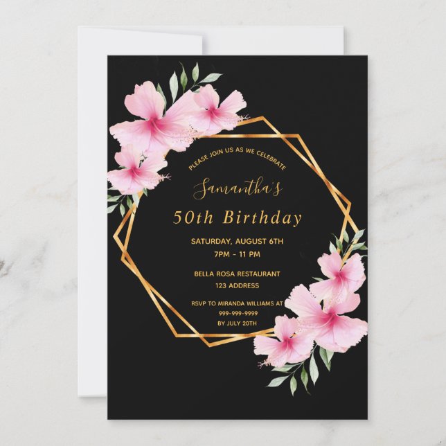 Invitación Fiesta de cumpleaños oro geométrico tropical negro (Anverso)
