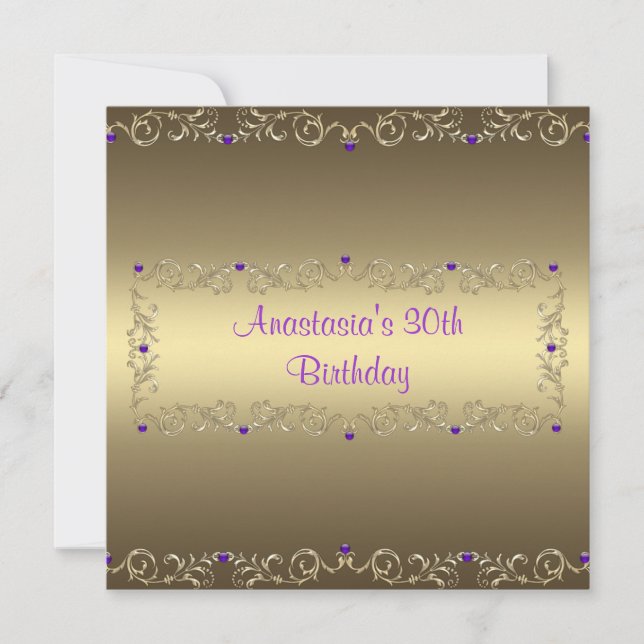 Invitación Fiesta de Cumpleaños Oro Púrpura Jewel (Anverso)