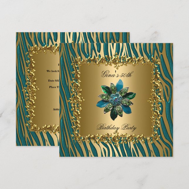 Invitación Fiesta de cumpleaños Oro Verde azulado Floral Azul (Anverso / Reverso)