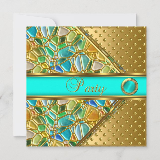 Invitación Fiesta de Cumpleaños Oro Verde azulado Oro Azul Pu (Anverso)