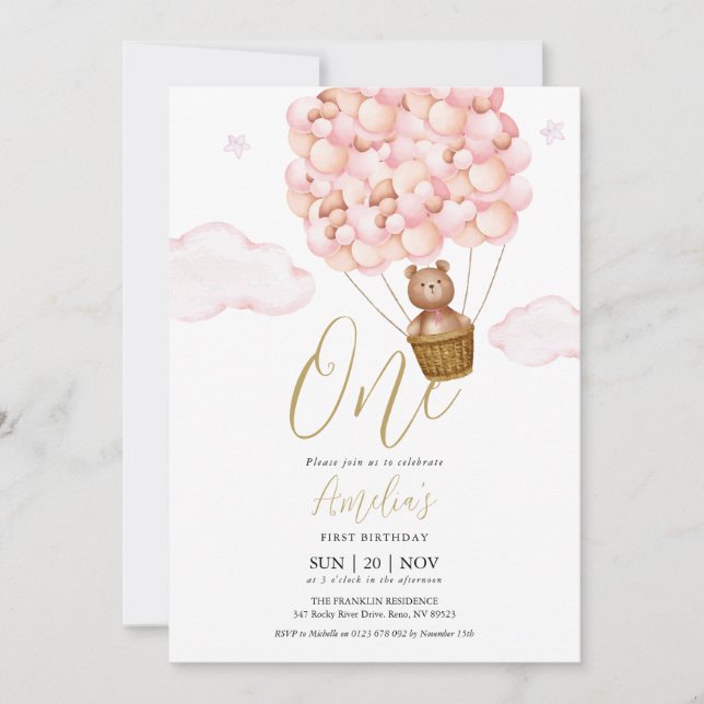 Invitación Fiesta de Cumpleaños Osito de Peluche Globos Rosad (Anverso)
