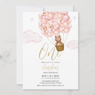 Invitación Fiesta de Cumpleaños Osito de Peluche Globos Rosad