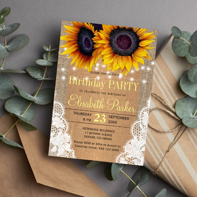 Invitación Fiesta de cumpleaños otoño girasoles arpillera y e (Subido por el creador)