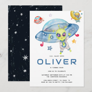 Invitación Fiesta de Cumpleaños OVNI Alien Espacial Moderno L