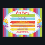 Invitación Fiesta de cumpleaños "Paint Kids Paint" de Arte y<br><div class="desc">Empiece a su fiesta con nuestra encantadora fiesta de arte y arte artesanal. La invitación incluye un crayón verde, azul rojo, naranja y amarillo con mantas de pintura colocadas en un fondo de rayas rojas, amarillas, azules, violetas y limas verdes. Tan lindo y perfecto para cualquier tema de fiesta de...</div>