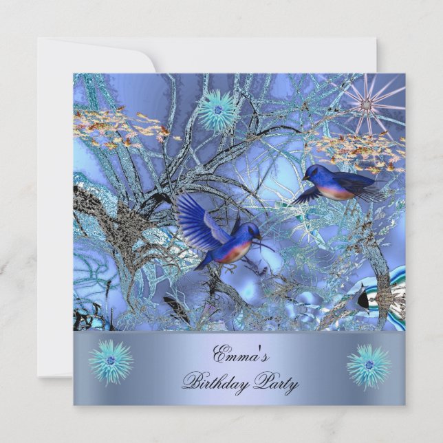 Invitación Fiesta de Cumpleaños Pájaros Azules Encantados (Anverso)