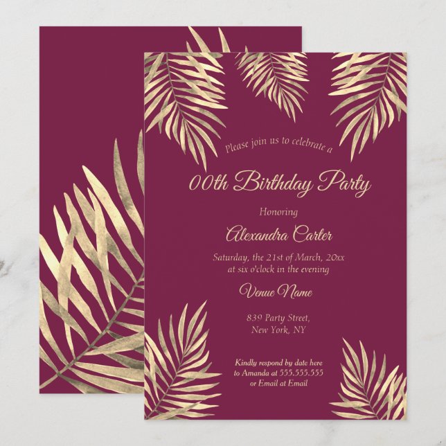 Invitación Fiesta de Cumpleaños Palmas Sepia Oro Ciruela Borg (Anverso / Reverso)