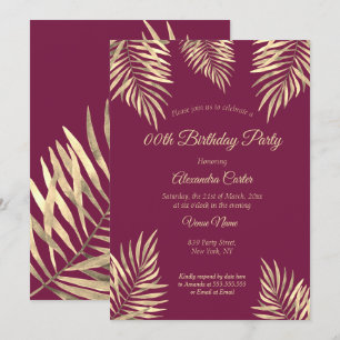 Invitación Fiesta de Cumpleaños Palmas Sepia Oro Ciruela Borg