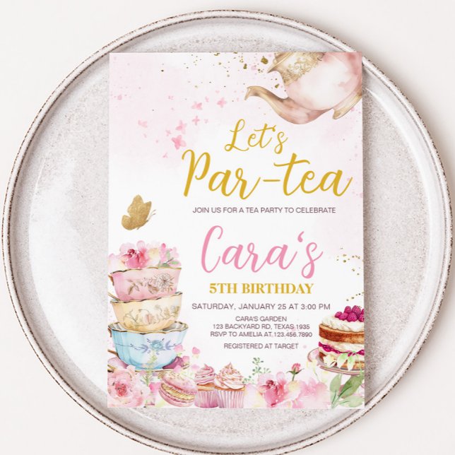 Invitación Fiesta de cumpleaños Par-Tea con flor de oro rosa (Pink Gold Floral Tea Par-Tea Birthday Party Invitation)