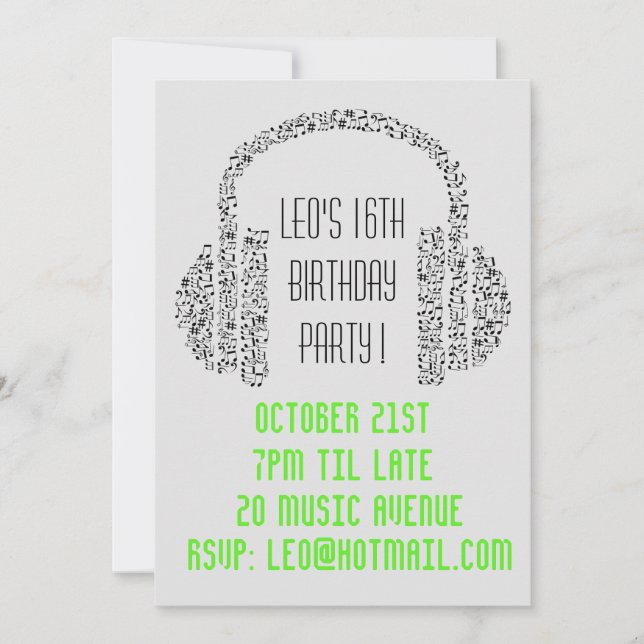 Invitación Fiesta de cumpleaños para adolescentes con música  (Anverso)