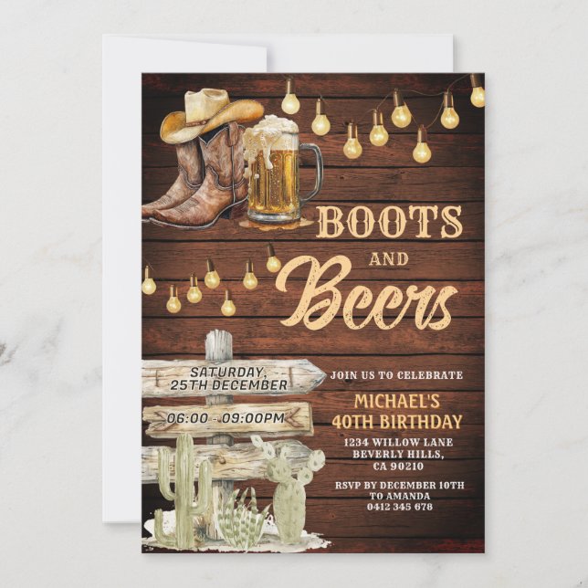 Invitación Fiesta de cumpleaños para adultos de Cowboy Boots  (Anverso)