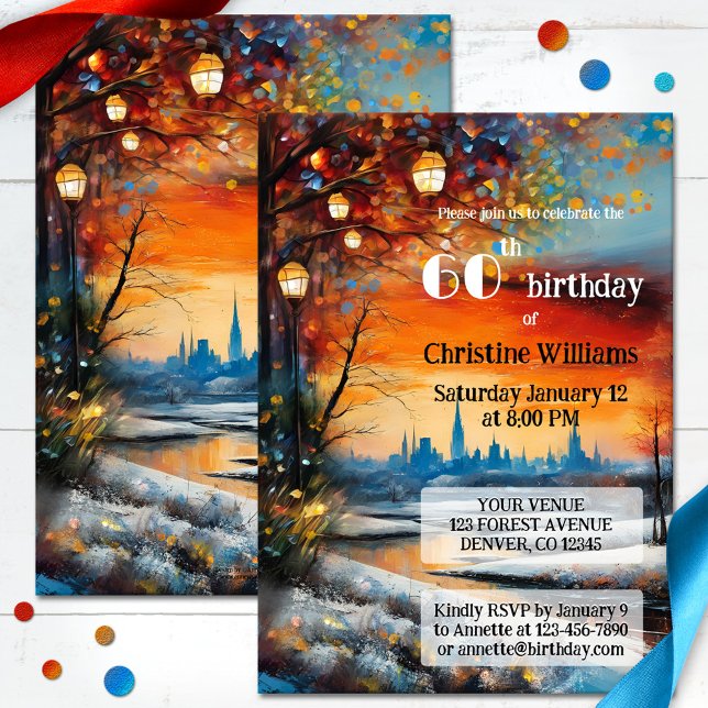 Invitación Fiesta de cumpleaños para adultos festivos (Adult birthday invitation featuring a whimsical painting of a winter landscape with festive lanterns)
