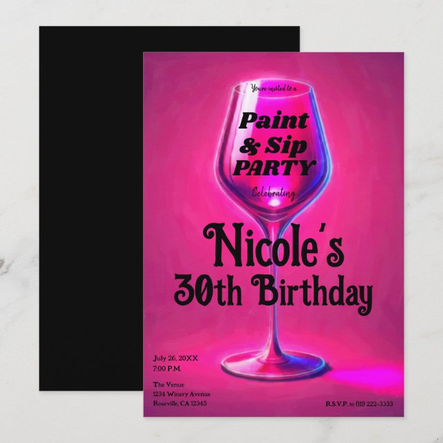Invitación Fiesta de cumpleaños para adultos Sip & Paint Wine (Anverso / Reverso)