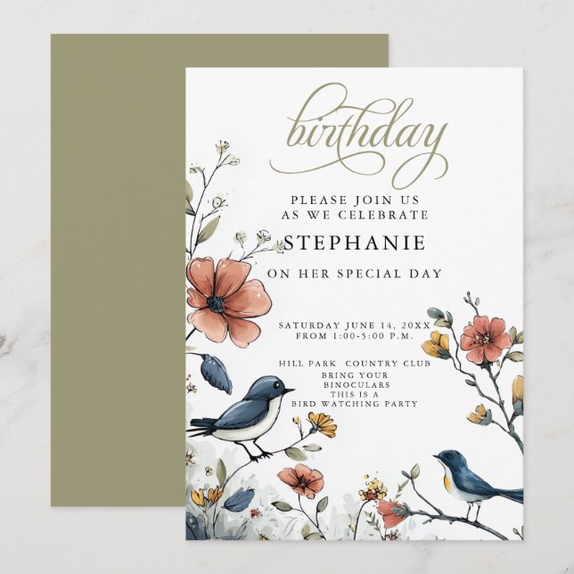 Invitación Fiesta de cumpleaños para amantes de las aves (Anverso / Reverso)
