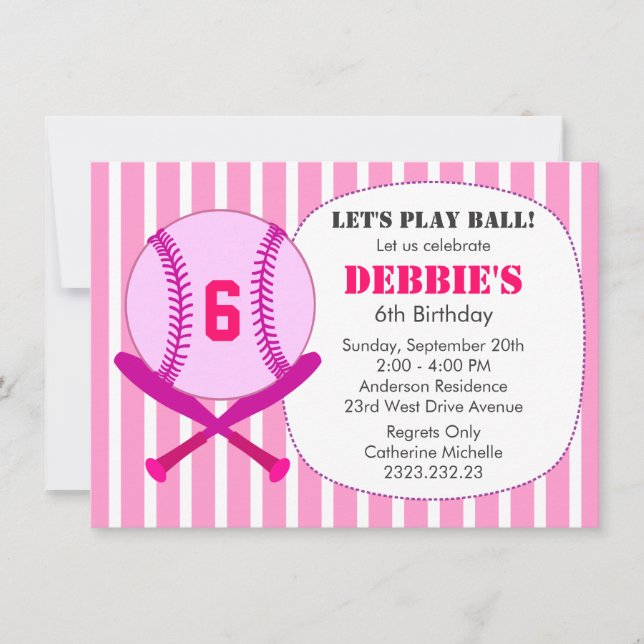 Invitación Fiesta de cumpleaños para Chicas de beisbol rosa (Anverso)