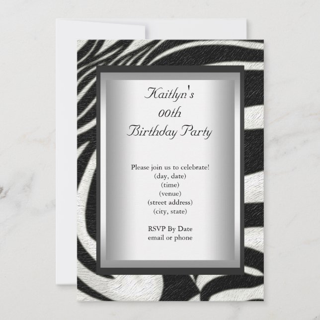 Invitación Fiesta de cumpleaños para cualquier edad, cebra en (Anverso)