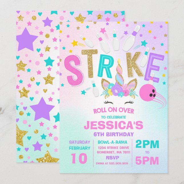 Invitación Fiesta de cumpleaños para el bolos de Unicorn (Anverso / Reverso)