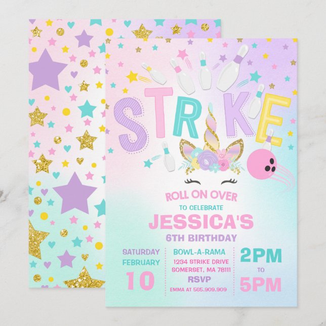 Invitación Fiesta de cumpleaños para el bolos de Unicorn (Anverso / Reverso)