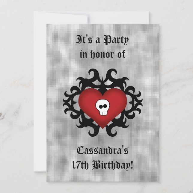 Invitación Fiesta de cumpleaños para el corazón gótico (Anverso)