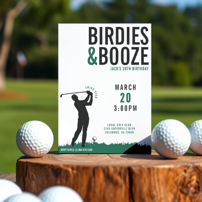 Invitación Fiesta de cumpleaños para el golf de adultos Birdi (Birdies & Booze Adult Golf Birthday Party Invitation
)