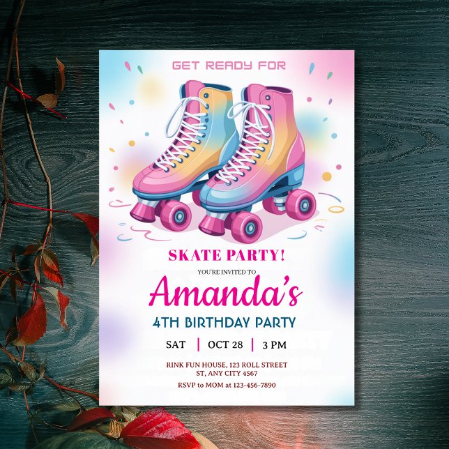 Invitación Fiesta de cumpleaños para el patinaje sobre hielo  (Retro Rainbow Roller Skate Birthday Party Invitation
)