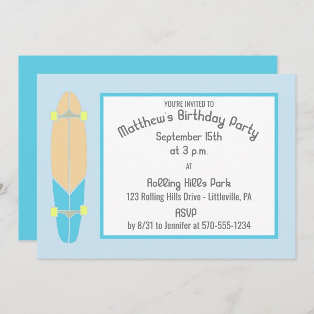 Invitación Fiesta de cumpleaños para el patineta longboard (Anverso / Reverso)