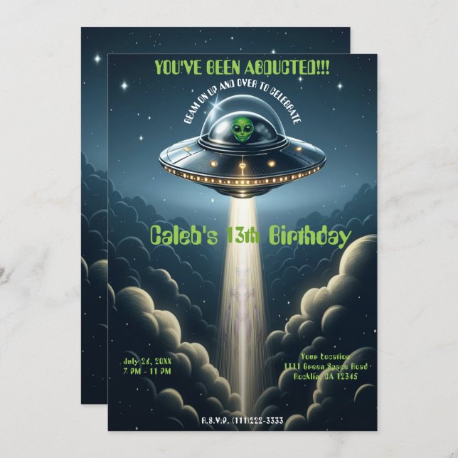 Invitación Fiesta de cumpleaños para el secuestro de Alien UF (Anverso / Reverso)