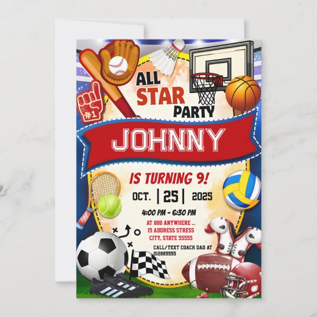 Invitación Fiesta de cumpleaños para el tema del deporte de t (Anverso)