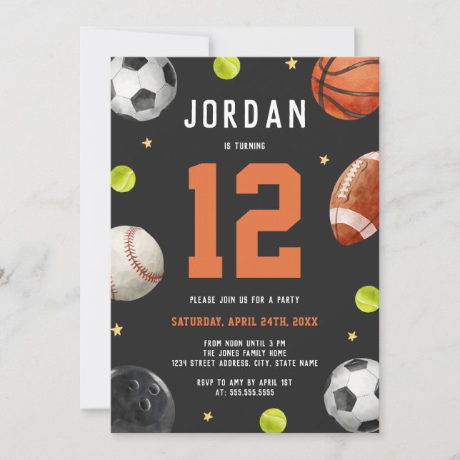 Invitación Fiesta de cumpleaños para el tema del deporte mode (Anverso)