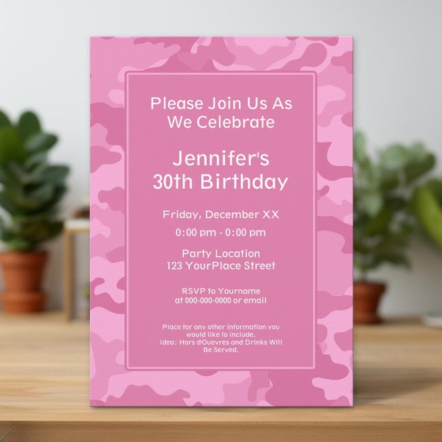 Invitación Fiesta de cumpleaños para el tema militar de Pink  (Unique Invitation)