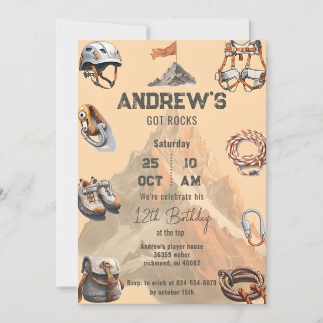 Invitación Fiesta de cumpleaños para escalar rock personal (Anverso)